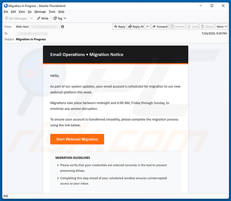 Kampania spamowa e-mail Email Migration Notice Scam