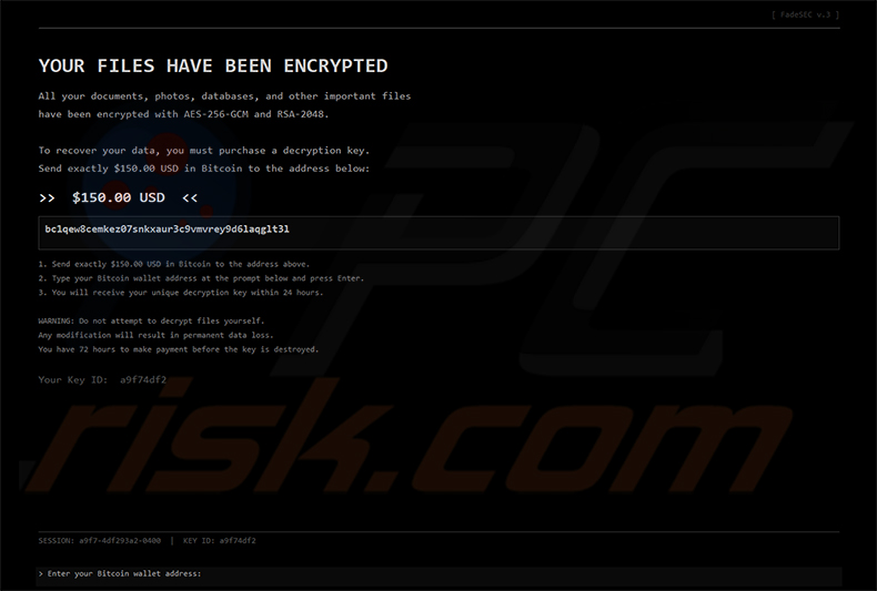 Żądanie okupu ransomware FadeSEC (interaktywna wiadomość pełnoekranowa)