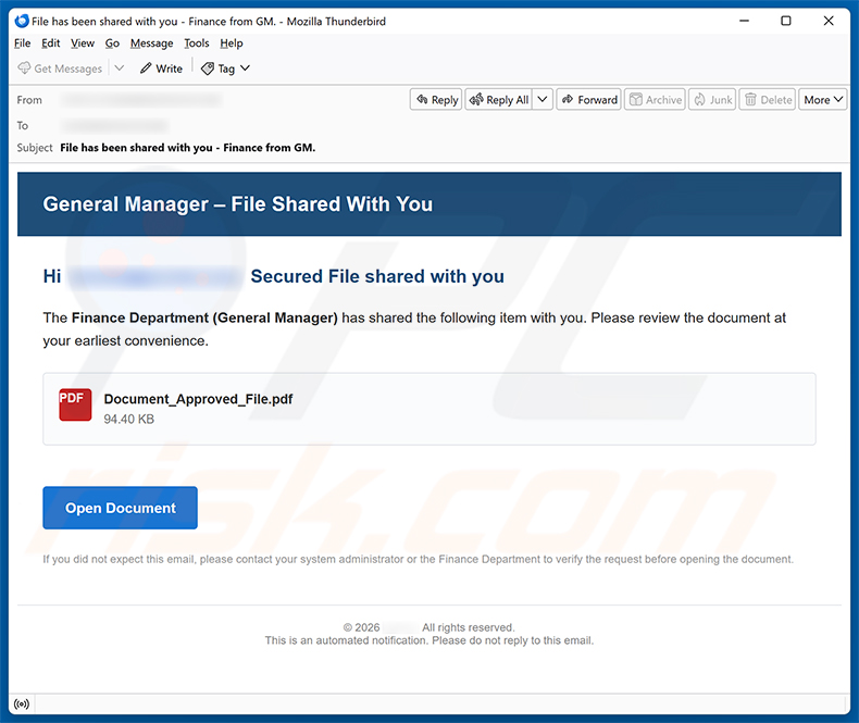 Kampania spamowa e-mail Finance Department (General Manager) Secure File