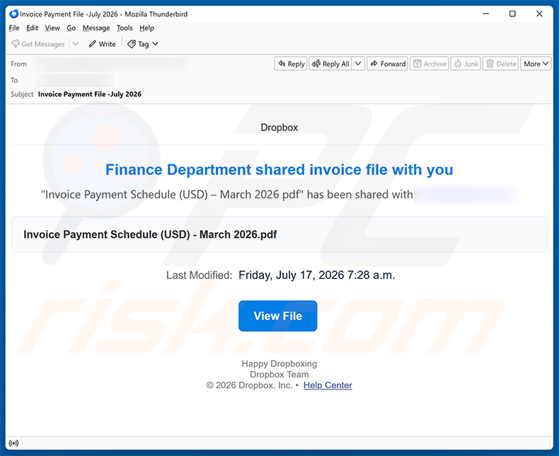Kampania spamowa e-mail Finance Department Invoice oszustwo e-mailowe