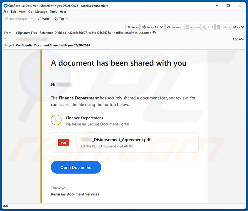 Kampania spamowa Finance Department Secure Document Email Virus