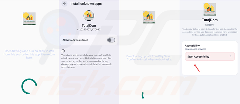 Proces instalacji Glitch SPY RAT - fałszywa aplikacja TutajDom żądająca uprawnień do nieznanych źródeł i dostępu do ułatwień dostępu