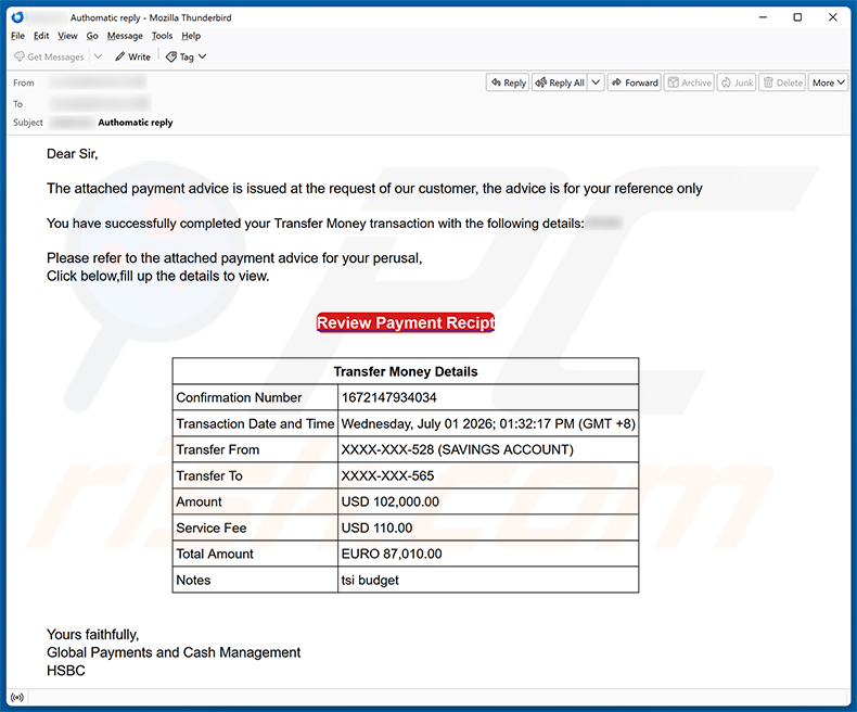 Kampania spamowa oszustwa e-mailowego HSBC Money Transfer Completed
