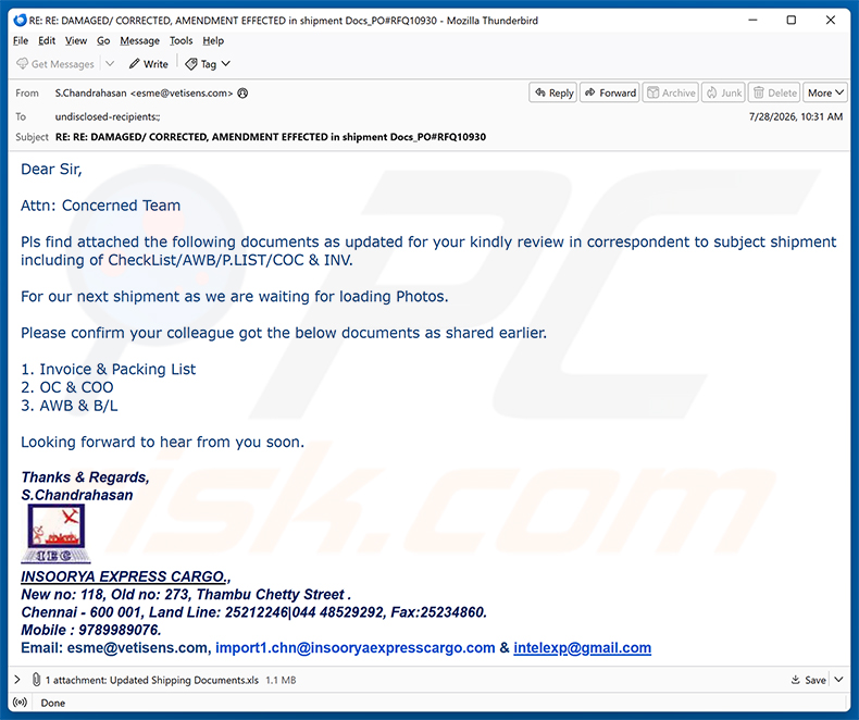 Kampania spamowa e-mail wirus Insoorya Express Cargo Shipment Documents