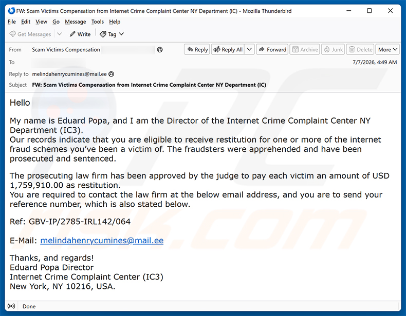 Oszustwo e-mailowe Internet Fraud Victim Compensation (2026-07-08)