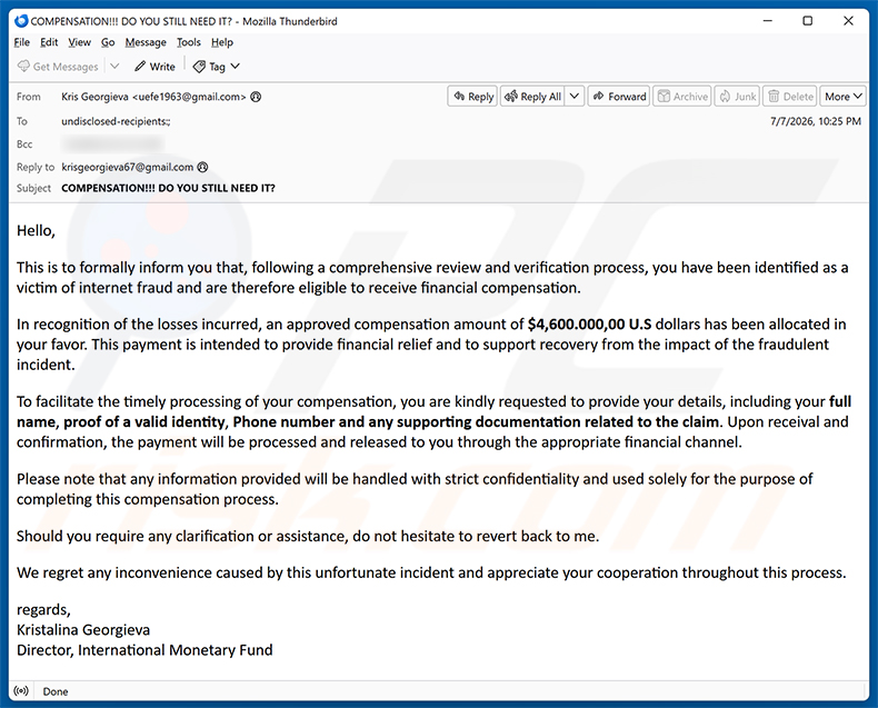 Kampania spamowa e-mailowa Internet Fraud Victim Compensation