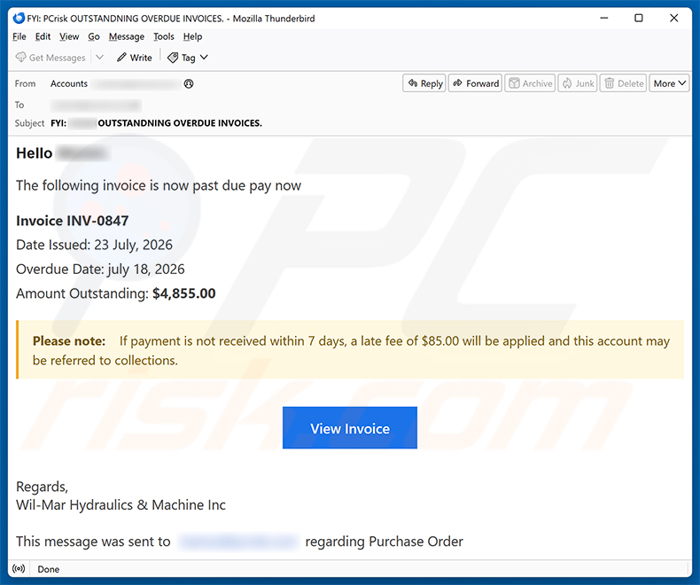 Kampania spamowa oszustwa e-mailowego Invoice Is Past Due
