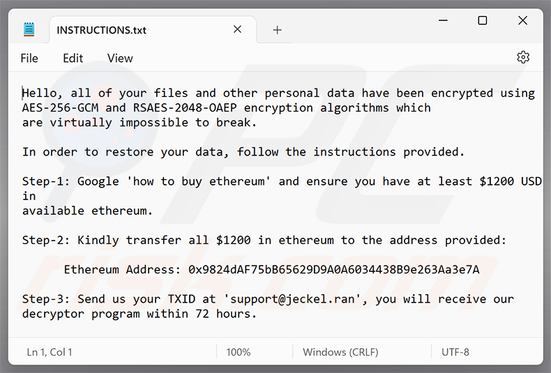 Żądanie okupu ransomware Jeckel (INSTRUCTIONS.txt)