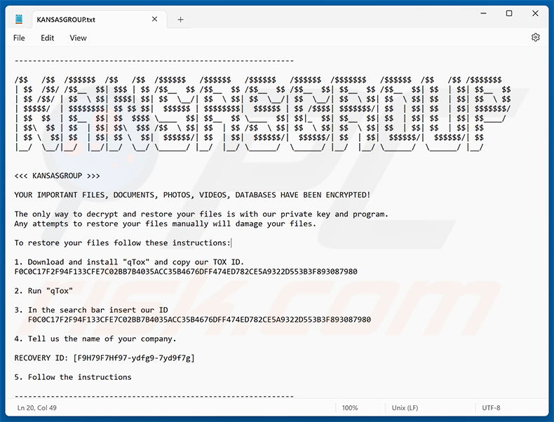 Plik tekstowy ransomware KansasGroup (KANSASGROUP.txt)
