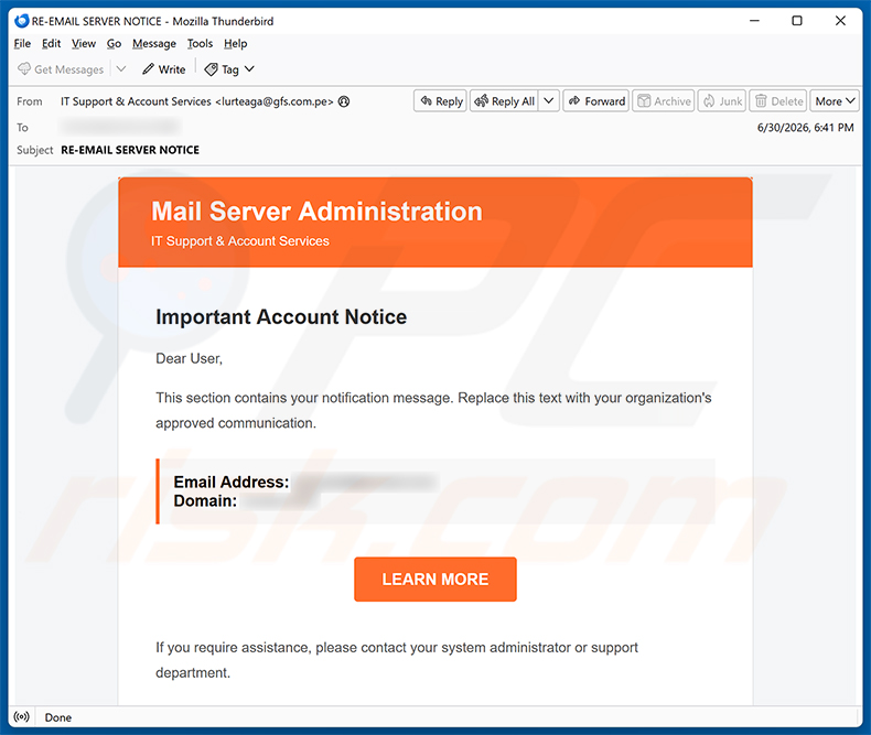 Kampania spamowa e-mail Mail Server Administration Scam