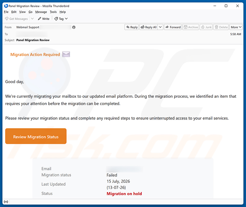 Kampania spamowa e-mail Migration Action Required