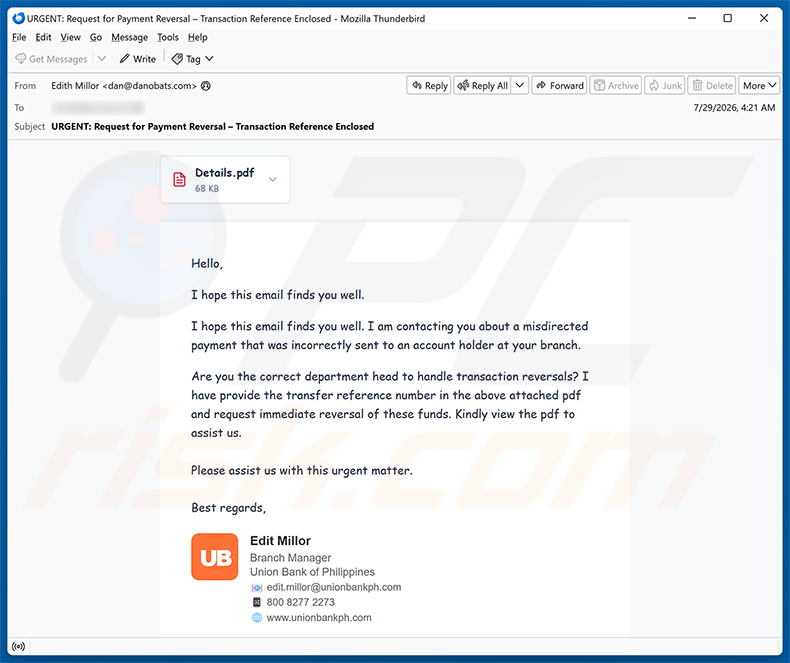 Kampania spamowa e-mailowa Misdirected Payment Email Scam