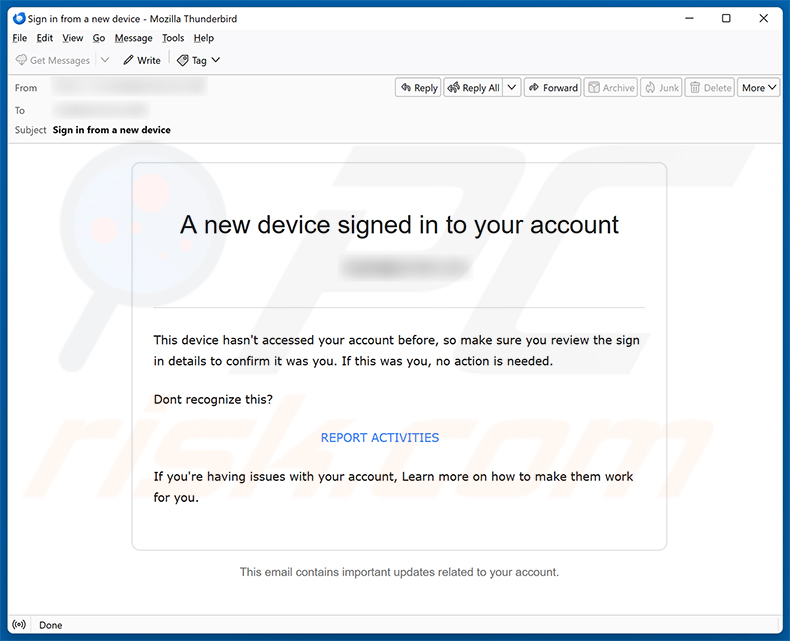 Kampania spamowa New Device Signed In To Your Account oszustwo e-mailowe
