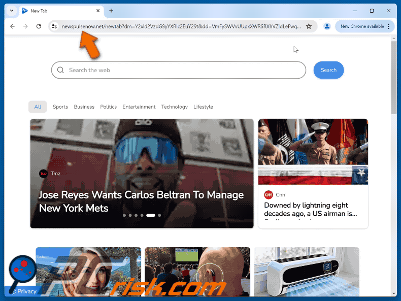 porywacz przeglądarki newspulsenow.net przekierowujący do Yahoo (GIF)