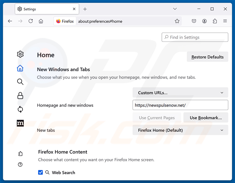 Usuwanie newspulsenow.net ze strony głównej Mozilla Firefox