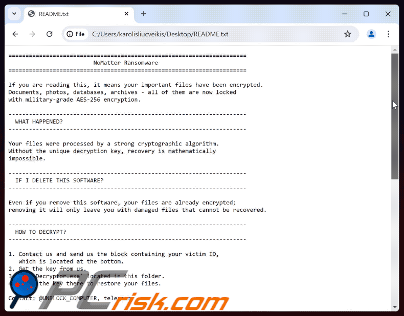 Żądanie okupu ransomware NoMatter (README.txt)
