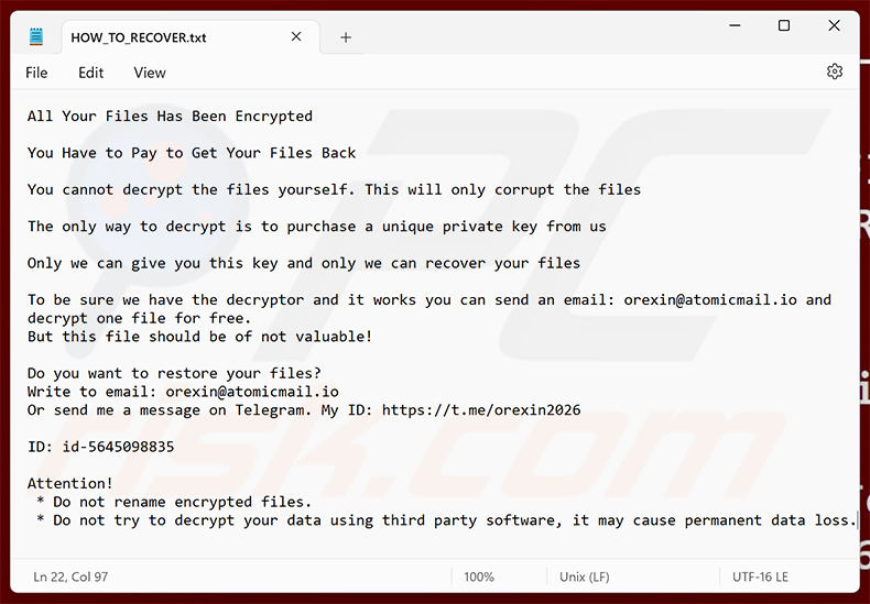 Żądanie okupu ransomware Orexin (HOW_TO_RECOVER.txt)