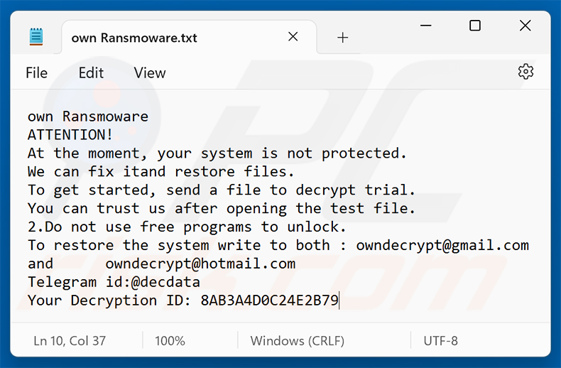 Żądanie okupu ransomware Own Ransomware (own Ransomware.txt)