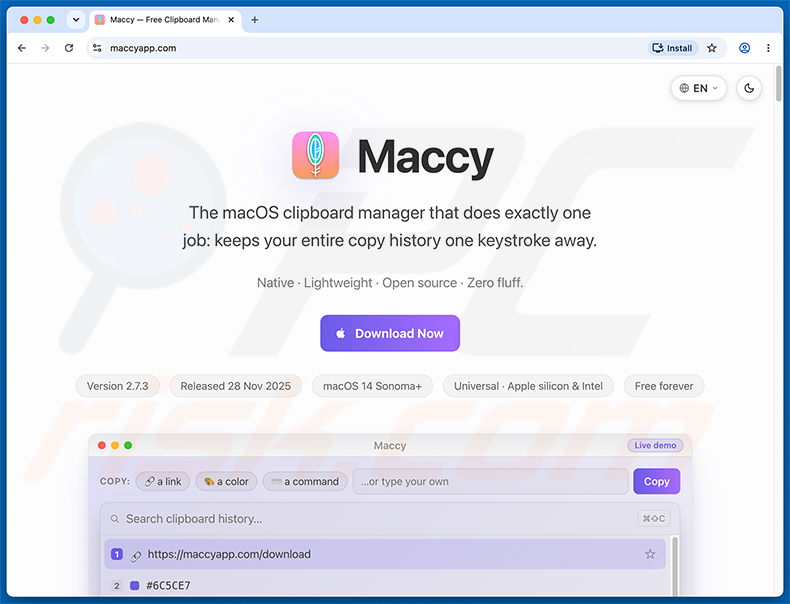 Fałszywa strona maccyapp.com dystrybuująca malware PamStealer