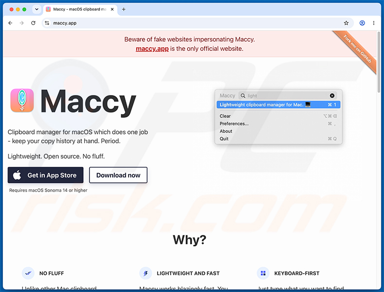 Oficjalna strona Maccy ostrzegająca przed fałszywymi stronami