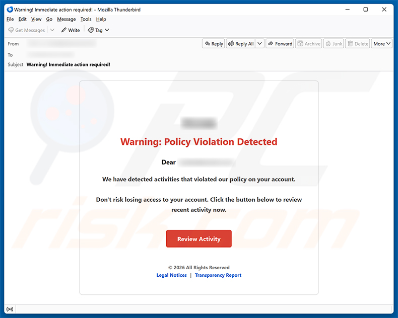 Kampania spamowa e-mail Policy Violation Detected