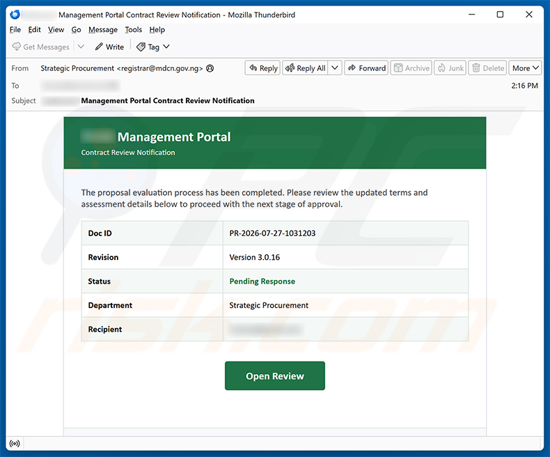 Kampania spamowa e-mail Proposal Evaluation Completed oszustwo e-mailowe