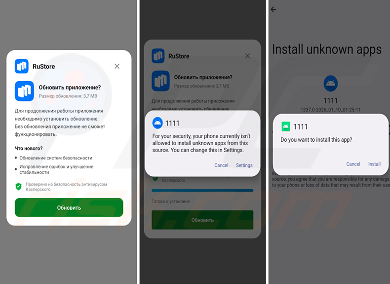 RedWing spyware distributed via a fake RuStore update and triggering the Android 'Install unknown apps' prompt