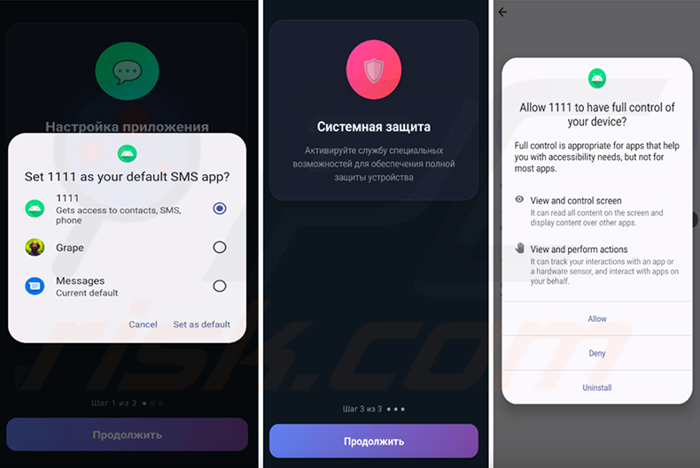 RedWing spyware permission setup wizard requesting SMS default app access, Accessibility Services, and device administrator privileges