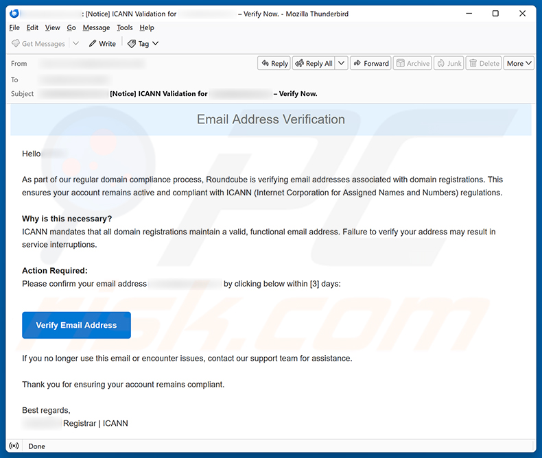 Kampania spamowa e-mail Roundcube Domain Registration Email Verification Scam