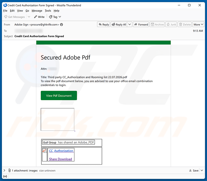 Kampania spamowa e-mail Secure Adobe PDF - Credit Card Authorization