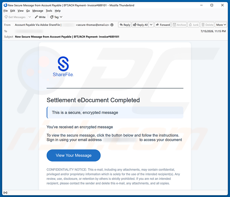 Kampania spamowa e-mail Settlement eDocument Completed