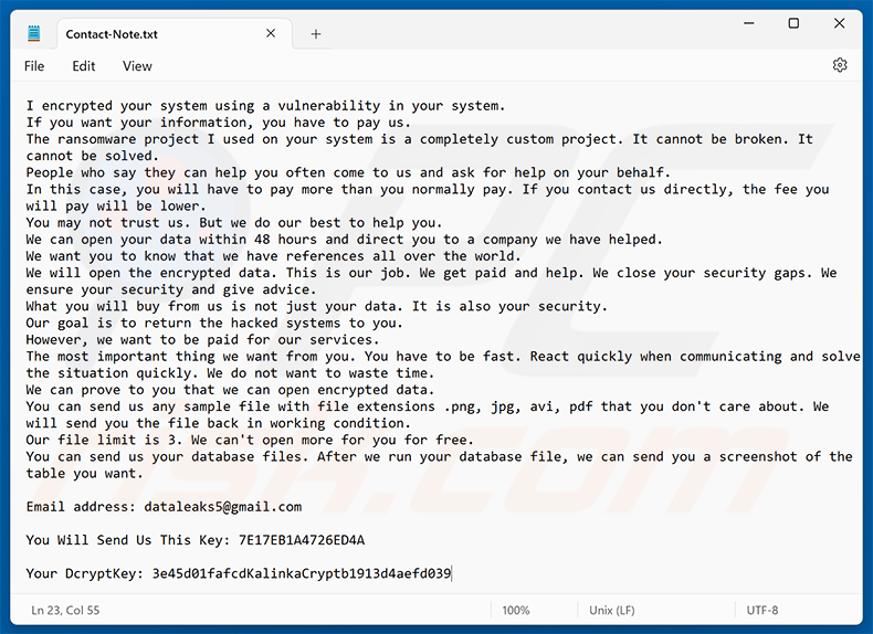 Żądanie okupu ransomware KalinkaCrypt (Contact-Note.txt)