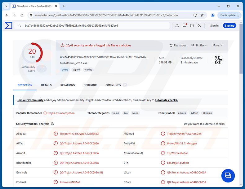 Wykrycia malware Starland RAT na VirusTotal