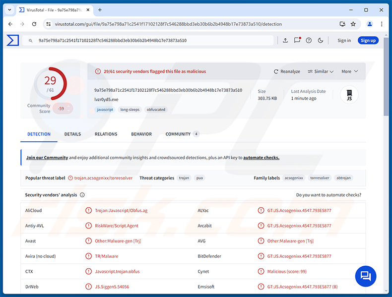 Wykrycia malware TONResolver RAT na VirusTotal