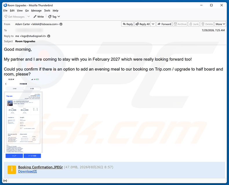 Kampania spamowa e-mail Trip.com Booking Confirmation