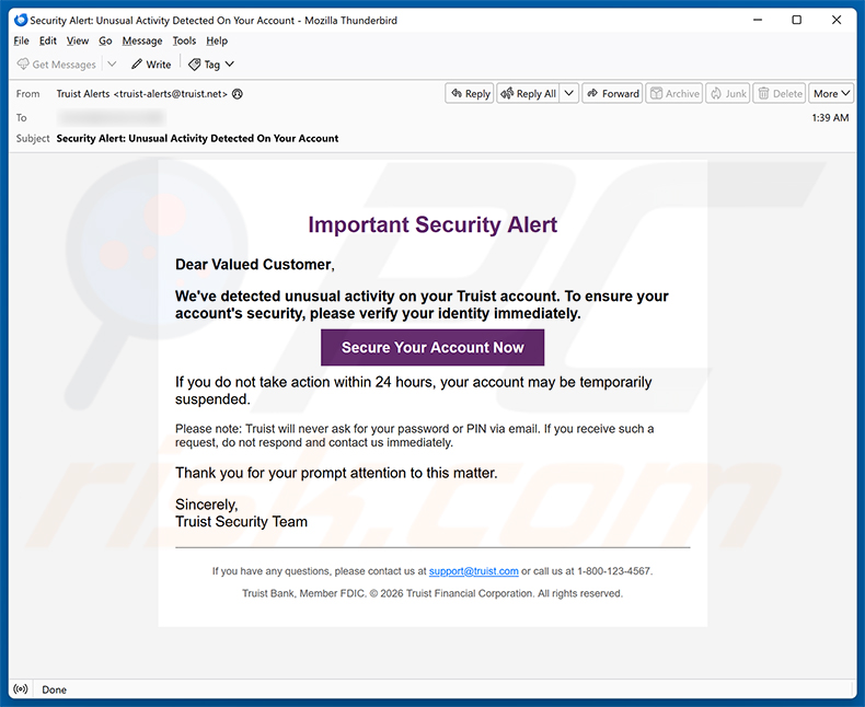Truist Security Alert oszustwo e-mailowe - kampania spamowa