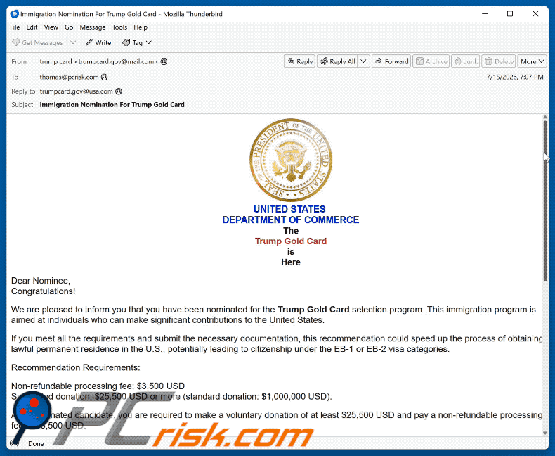 Oszustwo e-mailowe Trump Gold Card Selection Program Nomination (GIF)