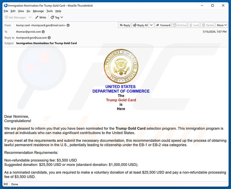 Kampania spamowa e-mail Trump Gold Card Selection Program Nomination