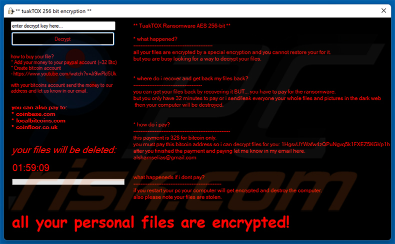 Okno pop-up ransomware TuakTOX