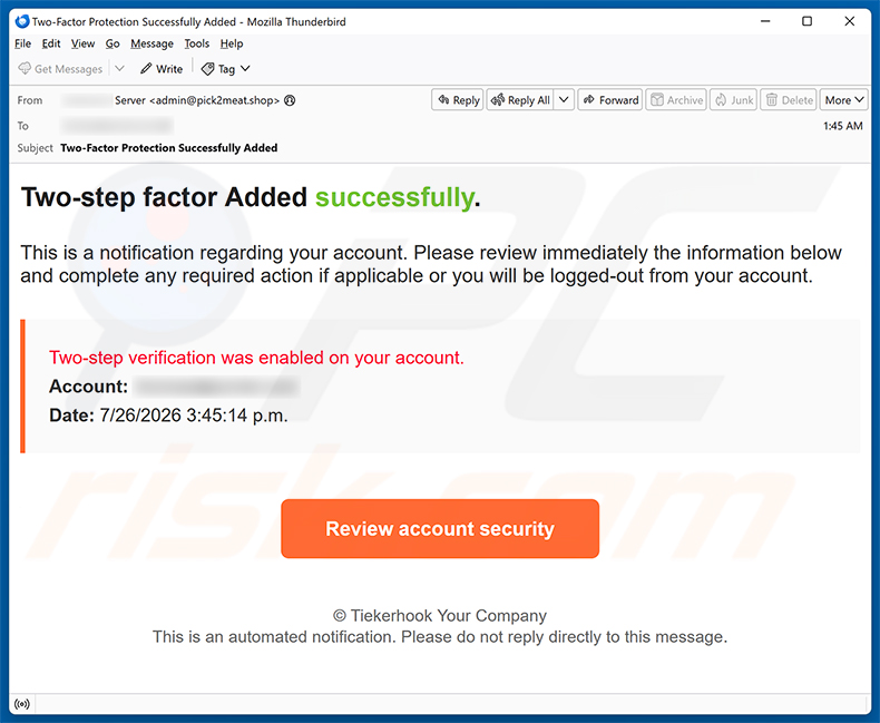 Kampania spamowa oszustwa e-mailowego Two-step Verification Was Enabled