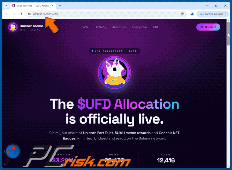 Wygląd Unicorn Fart Dust ($UFD) Allocation oszustwo (GIF) (ufdlabs[.]com)