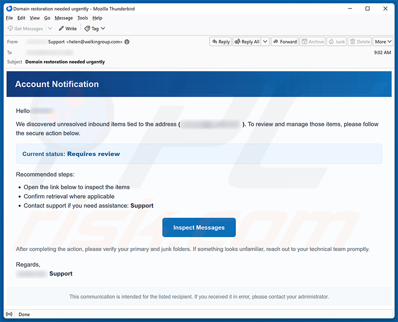 Kampania spamowa oszustwa e-mailowego Unresolved Inbound Items