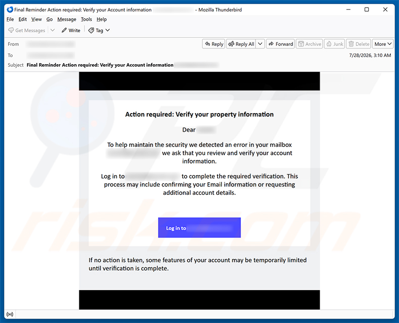 Kampania spamowa oszustwa e-mailowego Verify Your Email Property Information
