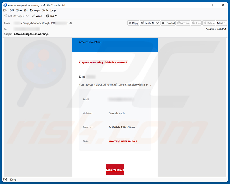 Kampania spamowa e-mail Your Account Violated Terms Of Service