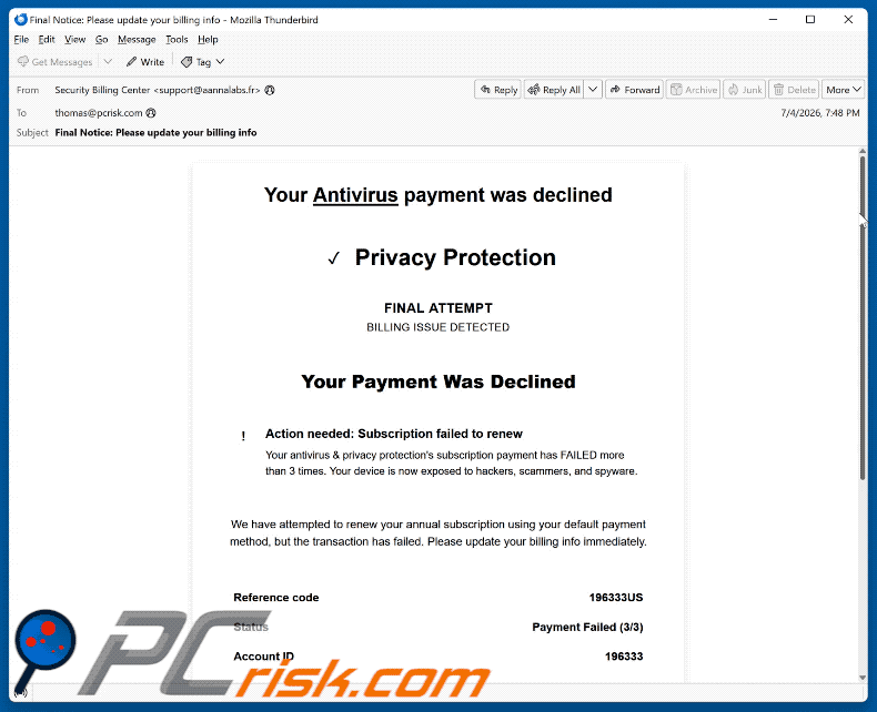 Oszustwo e-mailowe Your Antivirus Payment Was Declined (GIF)