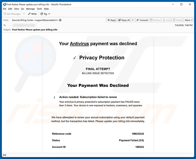 Kampania spamowa e-mail Your Antivirus Payment Was Declined
