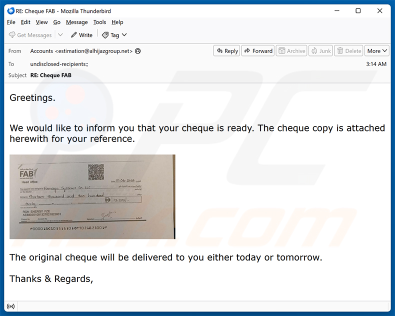 Kampania spamowa e-mail Your Cheque Is Ready
