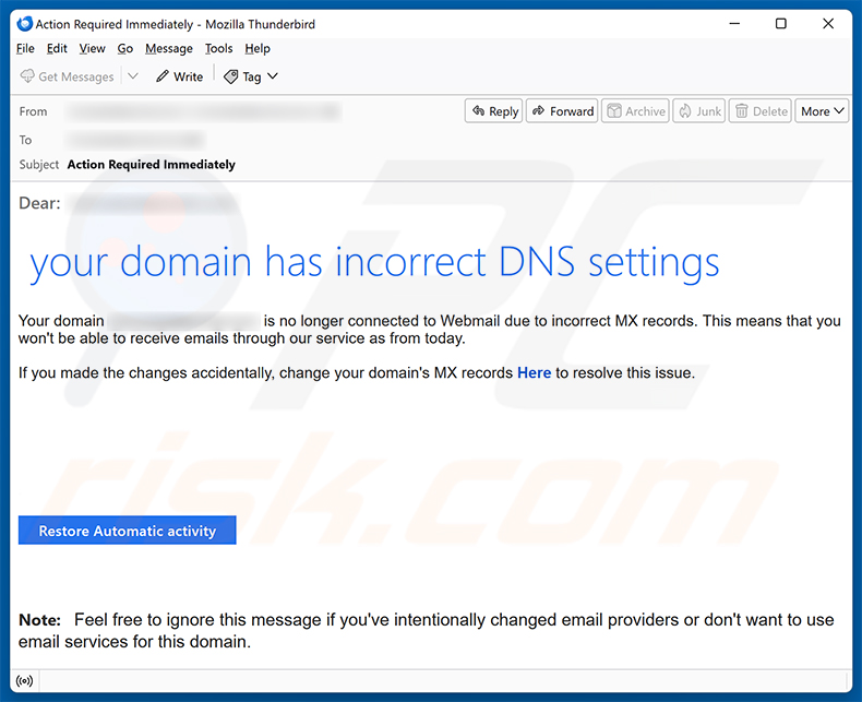 Kampania spamowa e-mail Your Domain Has Incorrect DNS Settings