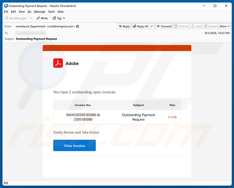 Kampania spamowa e-mail Adobe - Outstanding Invoices Email Virus