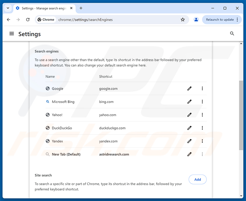 Usuwanie astridresearch.com z domyślnej wyszukiwarki Google Chrome